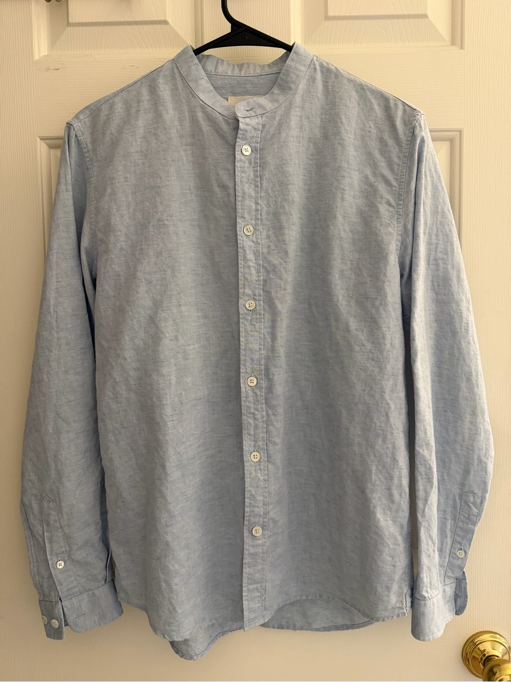 Men's Light Blue Band Collar Casual Button-Down Shirt